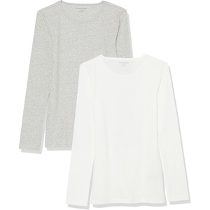 image:imageAmazon Essentials Womens SlimFit Long Sleeve Rib Knit Crew Neck Top Pack of 2Grey HeatherWhite