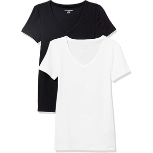image:imageAmazon Essentials Womens SlimFit ShortSleeve VNeck TShirtBlackWhite
