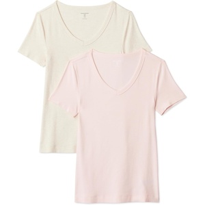 image:imageAmazon Essentials Womens SlimFit ShortSleeve VNeck TShirtOatmeal HeatherLight Pink