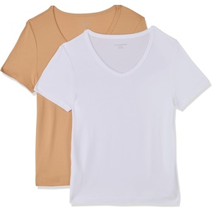 image:imageAmazon Essentials Womens SlimFit ShortSleeve VNeck TShirtWhiteTan Heather
