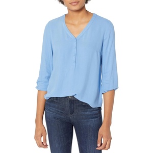 image:imageAmazon Essentials womens 34 Sleeve Button Popover Shirt LooseFit VNeck BlouseFrench Blue
