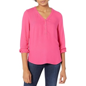 image:imageAmazon Essentials womens 34 Sleeve Button Popover Shirt LooseFit VNeck BlouseHot Pink