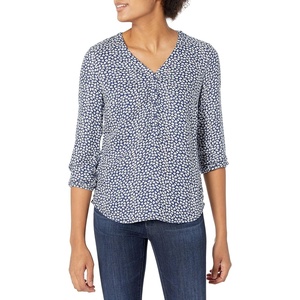 image:imageAmazon Essentials womens 34 Sleeve Button Popover Shirt LooseFit VNeck BlouseNavy White Petal