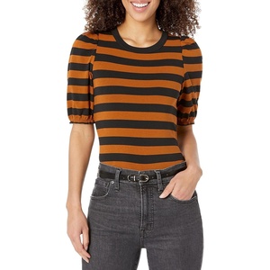 image:imageAmazon Essentials womens Classic Fit Puff Short Sleeve Crewneck TshirtDark CamelBlack  Even Stripe