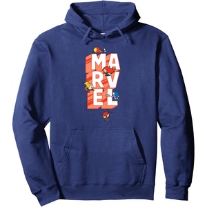 image:imageAmazon Essentials Marvel Block Letters With Five Tiny Super Heroes Pullover HoodieNavy Blue