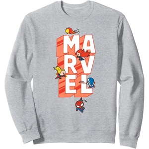 image:imageAmazon Essentials Marvel Block Letters With Five Tiny Super Heroes SweatshirtHeather Grey