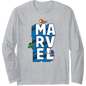 image:imageAmazon Essentials Marvel Block Letters With Three Tiny Super Heroes Long Sleeve TShirtHeather Grey