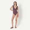image:imageAmazon Essentials Womens Ruffle VNeck OnePiece SwimsuitBrick Red Lilac Leopard