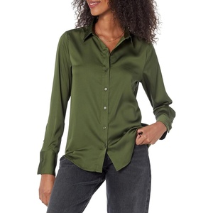 image:imageAmazon Essentials Womens RegularFit Satin Button Down Shirt Available in Plus SizeDark Olive