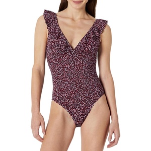image:imageAmazon Essentials Womens Ruffle VNeck OnePiece SwimsuitBrick Red Lilac Leopard