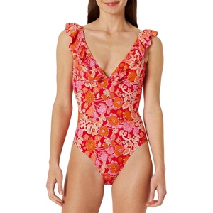 image:imageAmazon Essentials Womens Ruffle VNeck OnePiece SwimsuitBright Poppy Red Folk Floral