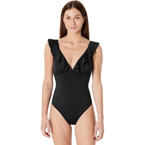 image:imageAmazon Essentials Womens Ruffle VNeck OnePiece SwimsuitWashed Black