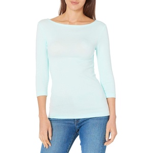 image:imageAmazon Essentials Womens SlimFit 34 Sleeve Boat Neck Cotton Modal Micro Rib TShirtAqua Blue