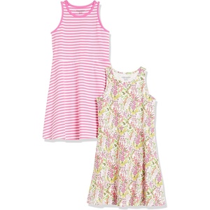 image:imageAmazon Essentials Girls and Toddlers Fit and Flare Knit Sleeveless Tank Dress Pack of 22pack FloralPink Stripe