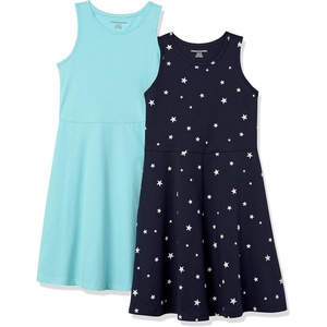 image:imageAmazon Essentials Girls and Toddlers Fit and Flare Knit Sleeveless Tank Dress Pack of 2Aqua BlueNavy Stars