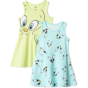 image:imageAmazon Essentials Girls and Toddlers Fit and Flare Knit Sleeveless Tank Dress Pack of 2Tweety