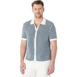 image:imageAmazon Essentials Mens Short Sleeve ButtonDown Resort Knit ShirtDark Blue Stripe Knit