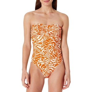 image:imageAmazon Essentials Womens Bandeau One Piece SwimsuitRust Orange Abstract Palms