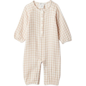 image:imageAmazon Essentials x Sofia Grainge Unisex Babies Cotton Gauze Long Sleeve RomperMushroom Brown Gingham