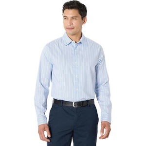 image:imageAmazon Essentials Mens Regular Fit Long Sleeve Wrinkle Resistant Stretch Dress ShirtBlue White Pinstripe