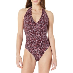 image:imageAmazon Essentials Womens Halter One Piece SwimsuitBrick Red Lilac Leopard