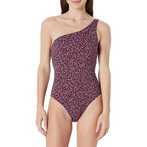 image:imageAmazon Essentials Womens OneShoulder OnePiece SwimsuitBrick Red Lilac Leopard