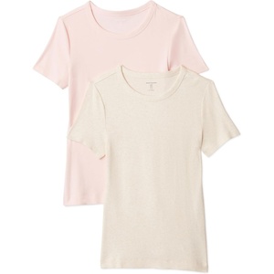 image:imageAmazon Essentials Womens SlimFit ShortSleeve Crewneck TShirt Pack of 2Oatmeal HeatherLight Pink