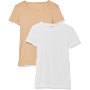 image:imageAmazon Essentials Womens SlimFit ShortSleeve Crewneck TShirt Pack of 2WhiteLight Camel
