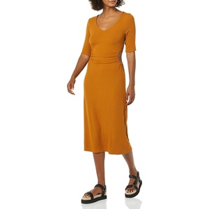 image:imageAmazon Essentials Womens Fine Rib V Neck Side CutOut Midi Dress Previously Daily RitualDark Caramel