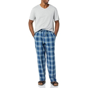 image:imageAmazon Essentials Mens Cotton Stretch Poplin Pant with Cotton Jersey TShirt Pajama SetGrey HeatherNavy Plaid