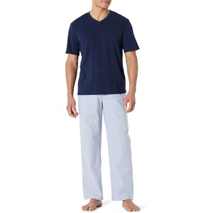 image:imageAmazon Essentials Mens Cotton Stretch Poplin Pant with Cotton Jersey TShirt Pajama SetNavyThin Stripe
