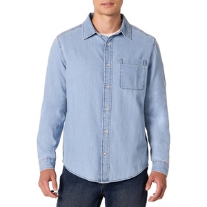 image:imageAmazon Essentials Mens RegularFit LongSleeve Denim Shirt Lightweight Cotton Chambray ButtonDownLight Indigo Wash