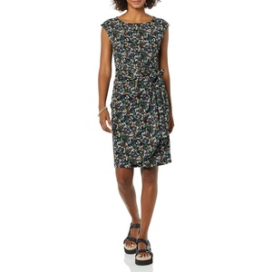 image:imageAmazon Essentials Womens Cap Sleeve BoatNeck Faux Wrap DressBlack  Ditsy Floral