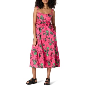image:imageAmazon Essentials Womens Fit and Flare Empire Waist Sweetheart Neck Cotton Sateen Tiered Maxi DressHot Pink Red Leafy Floral