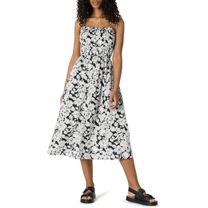 image:imageAmazon Essentials Womens RegularFit Cotton Sateen Smocked Bodice DressBlack Ivory Folk Floral