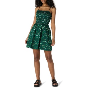 image:imageAmazon Essentials Womens RegularFit Cotton Sateen Smocked Bodice DressDark Green Green Birds